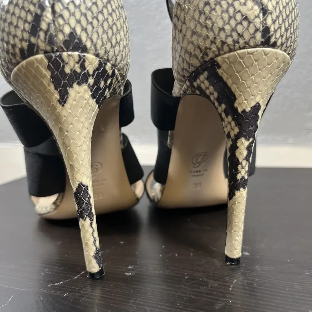 M. Gemi Black/snakeskin Strappy High Heels Sandals Leather Womens Size 38 Europe